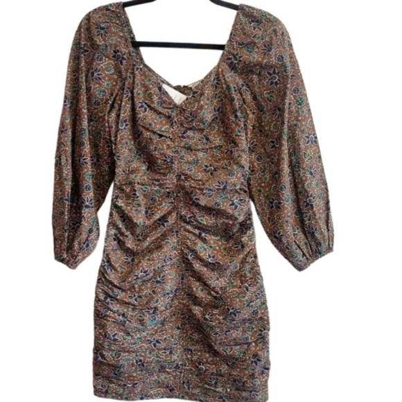 Veronica Beard Size 12 Nadi Mini Dress Puff Sleeve Ruched Cinnamon Multi Brown - Picture 4 of 11